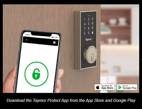 A hand holds a smartphone showing an unlocked padlock near a Taymor Industries digital door lock. Text prompts users to get the Taymor Protect App for keyless entry from the App Store or Google Play.
