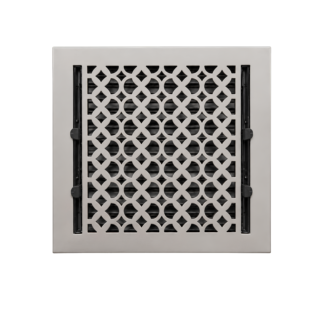 Satin nickel color of floor register in a white background