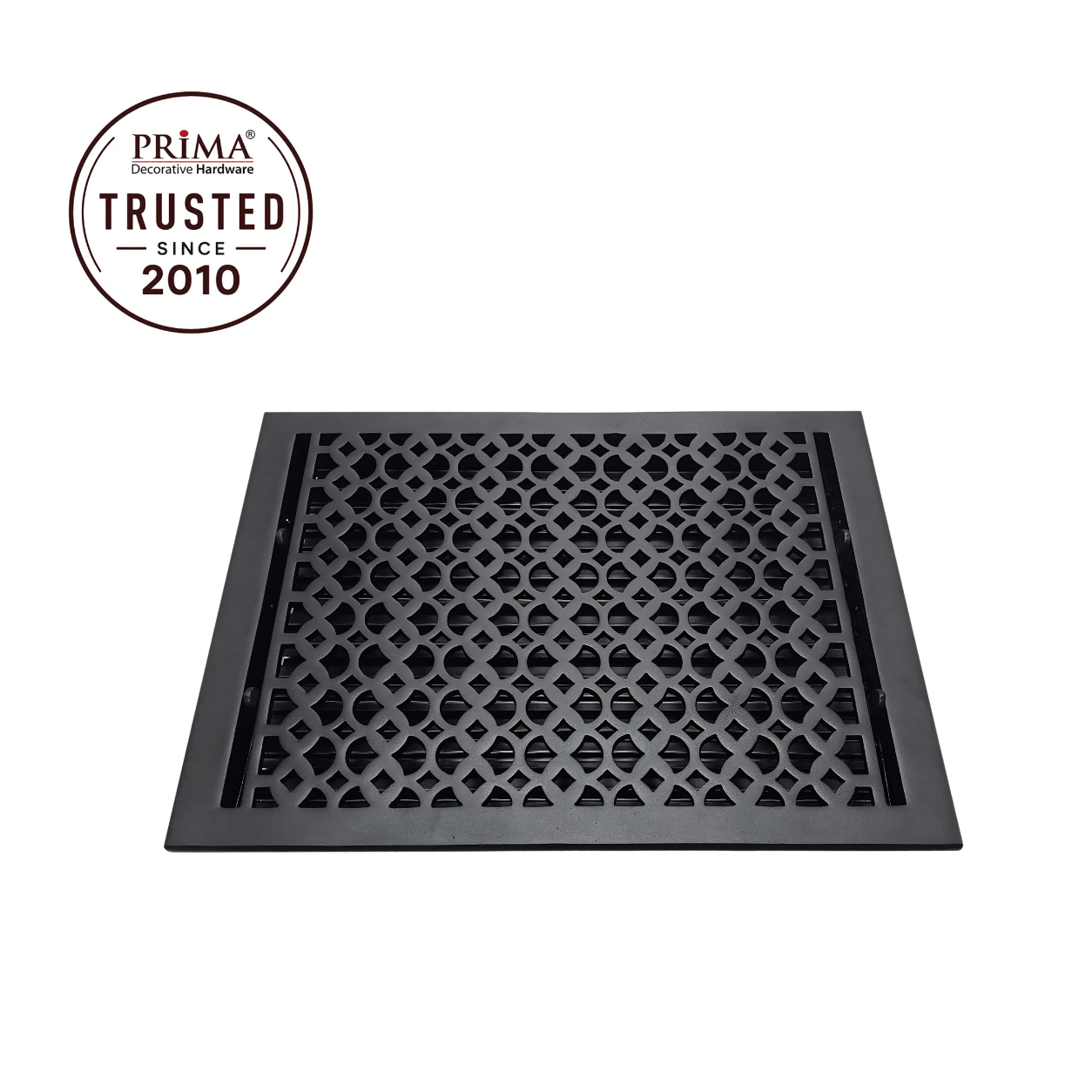 Black floor register with trust badge 
