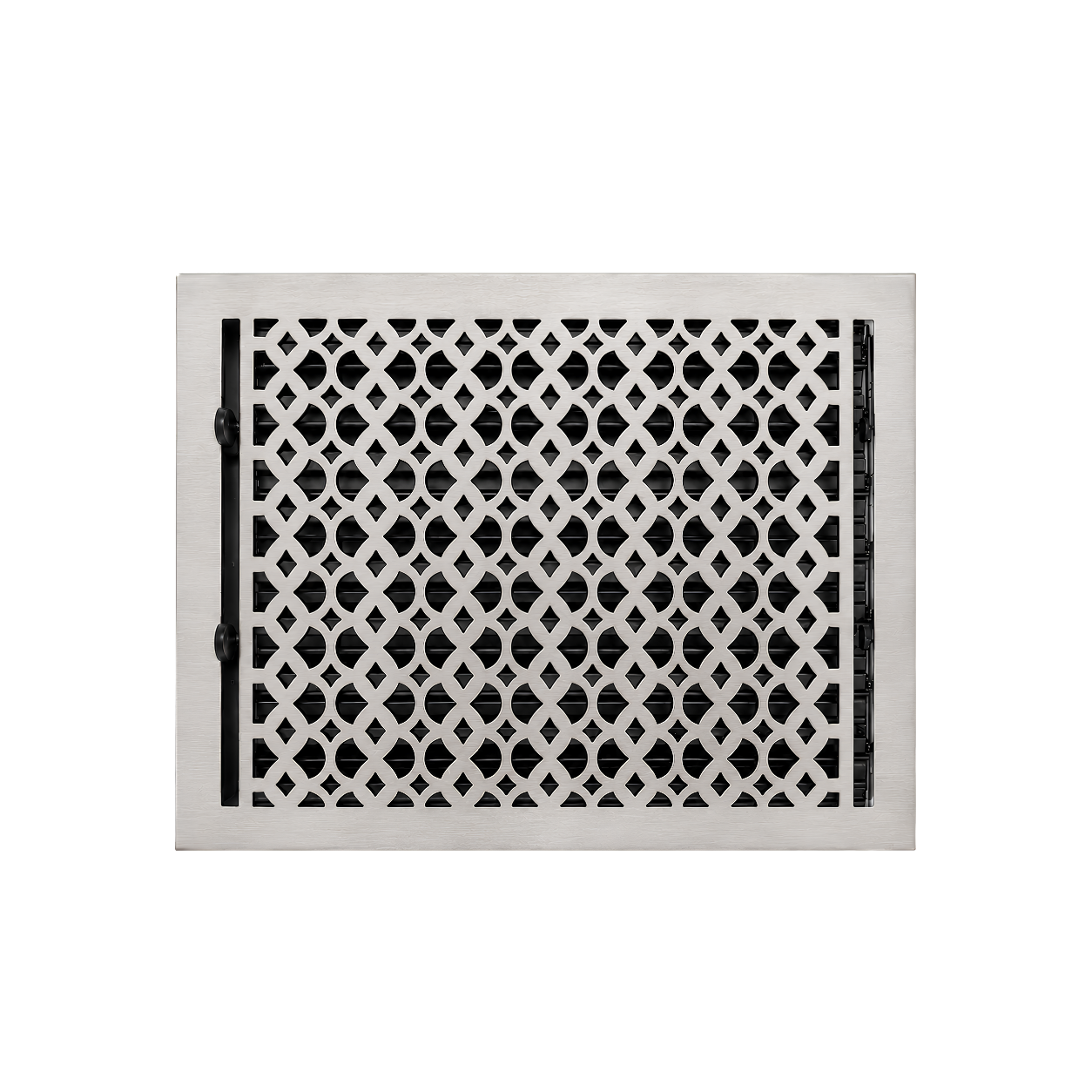 Satin nickel color of floor register in a white background
