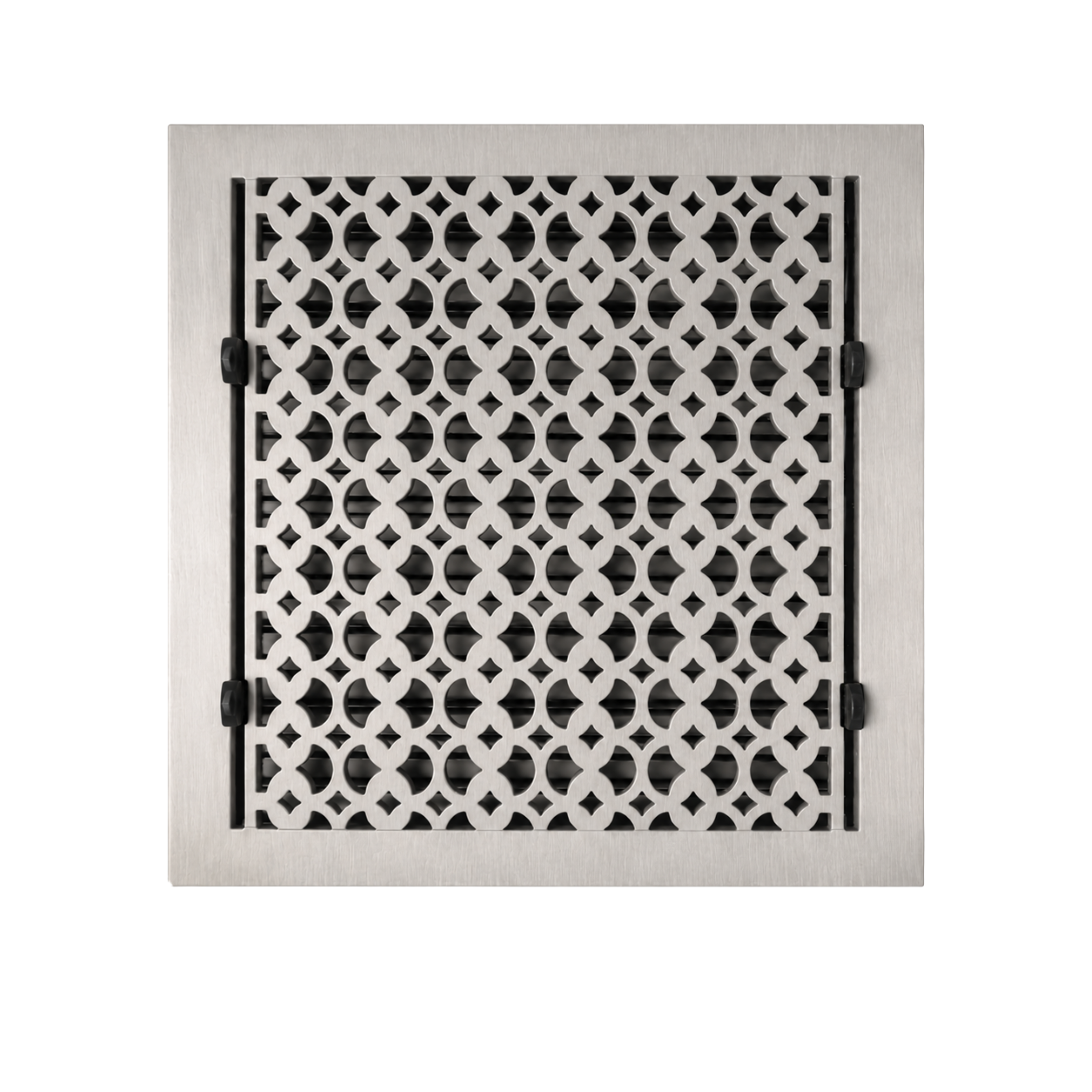 Satin nickel color of floor register in a white background
