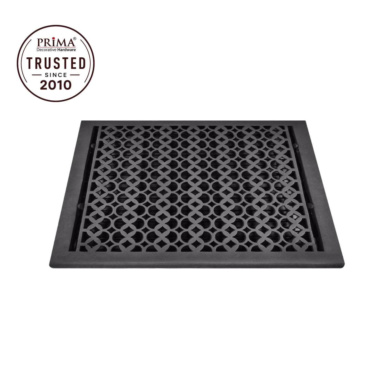 Black floor register with trust badge 
