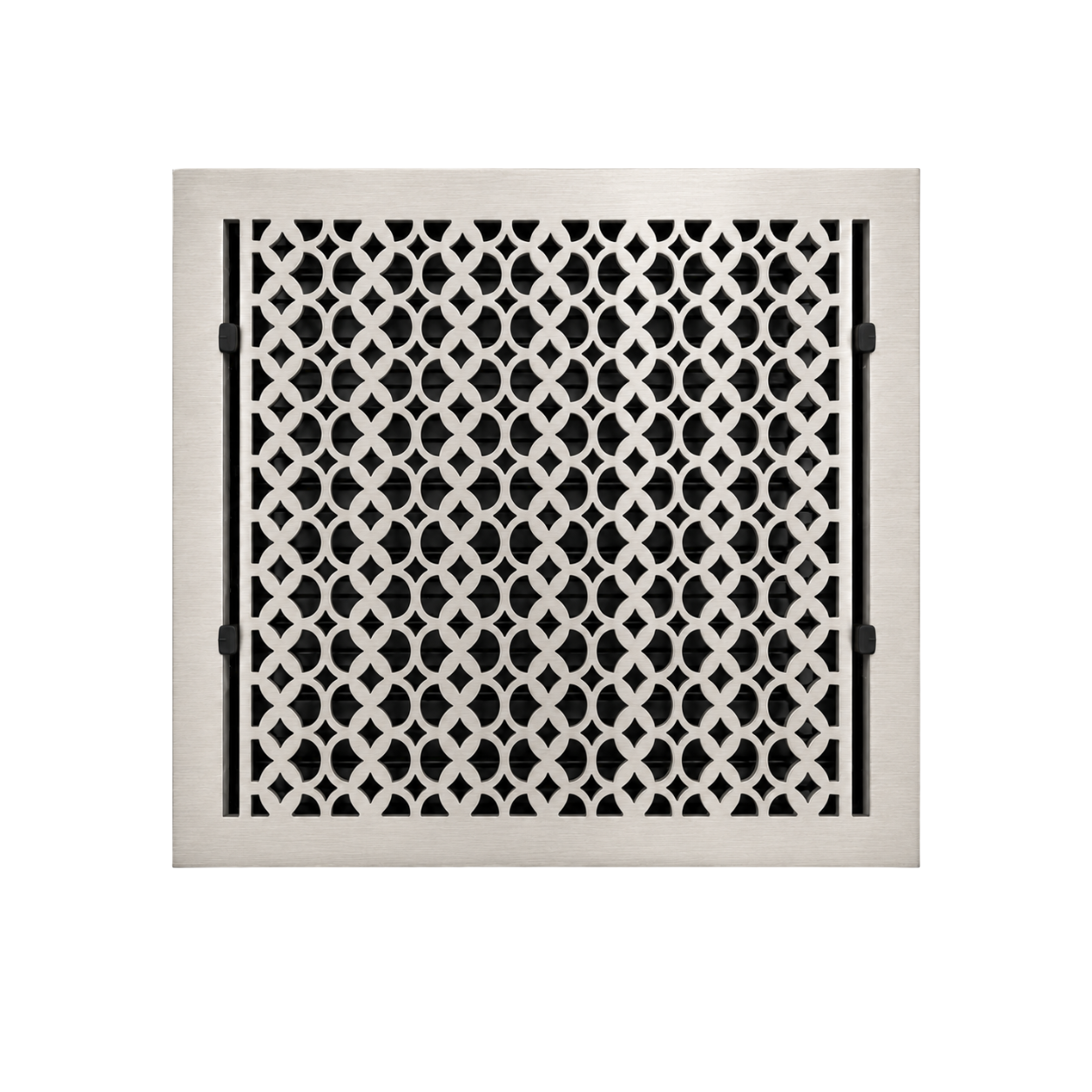 Satin nickel color of floor register in a white background
