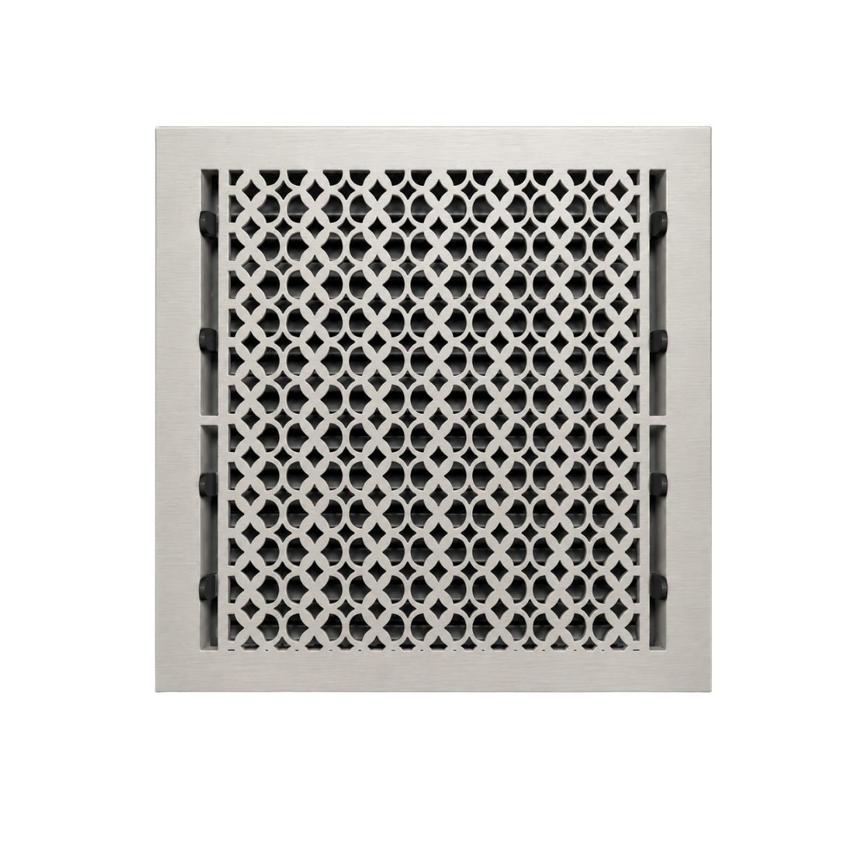 Satin nickel color of floor register in a white background
