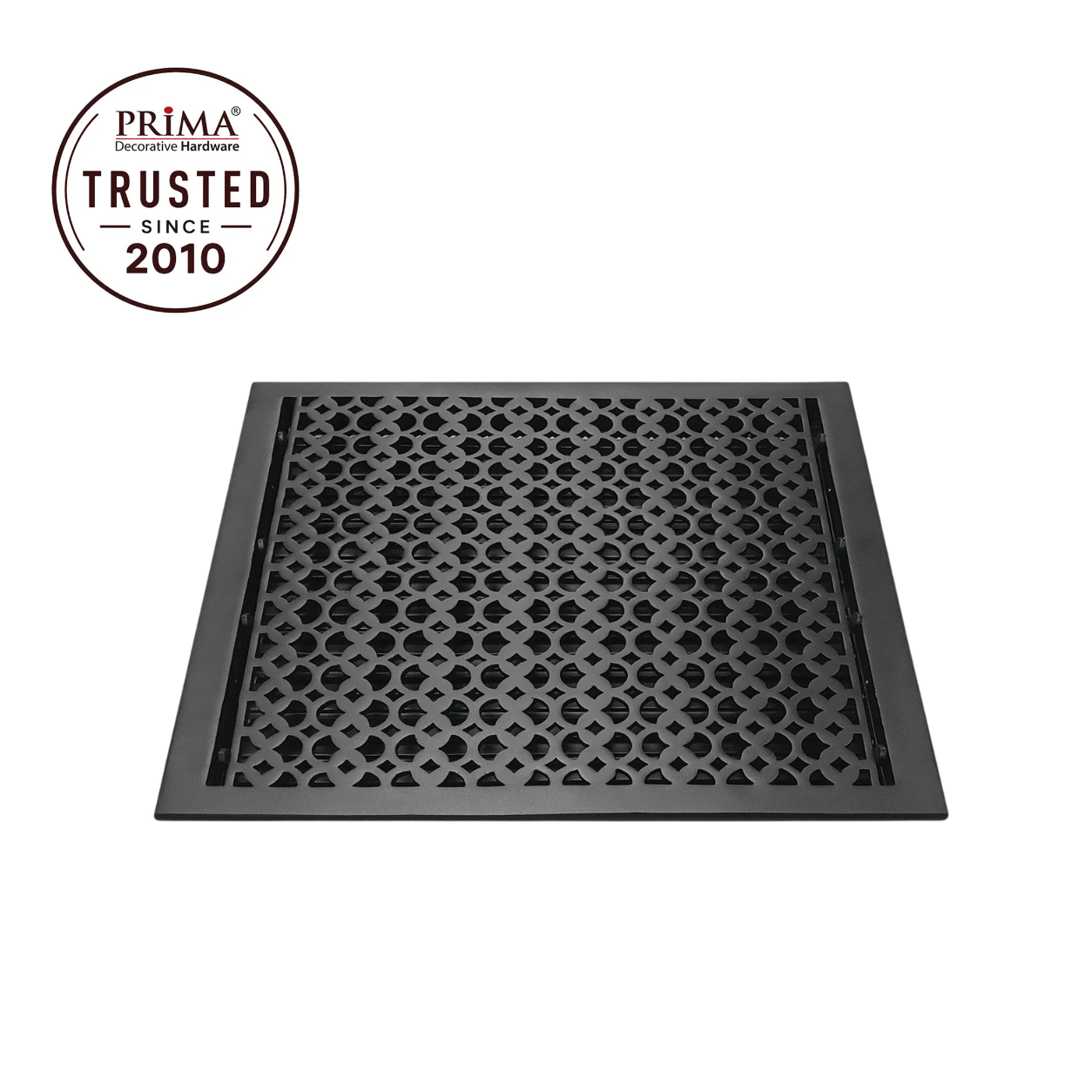Black floor register with trust badge 
