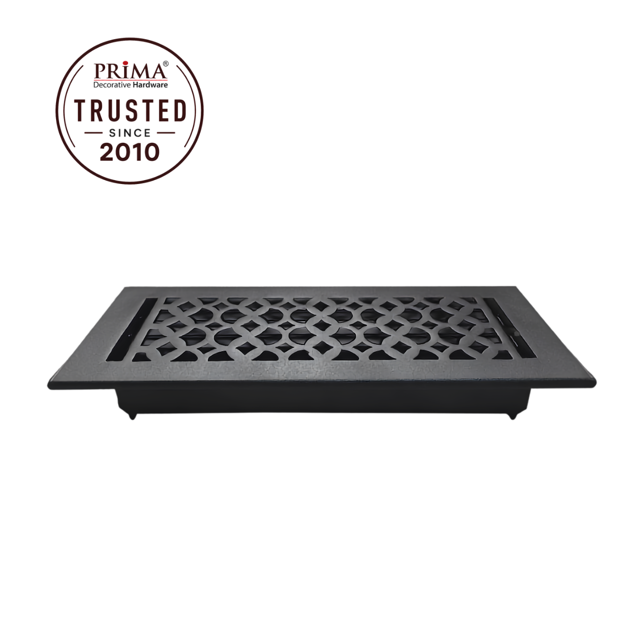 Black floor register with trust badge 
