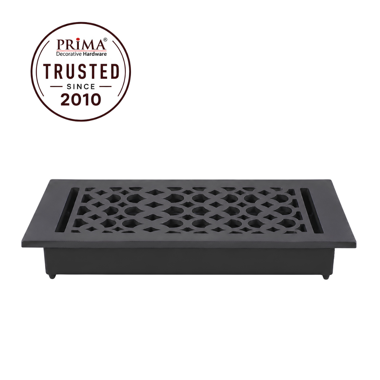 Black floor register with trust badge 
