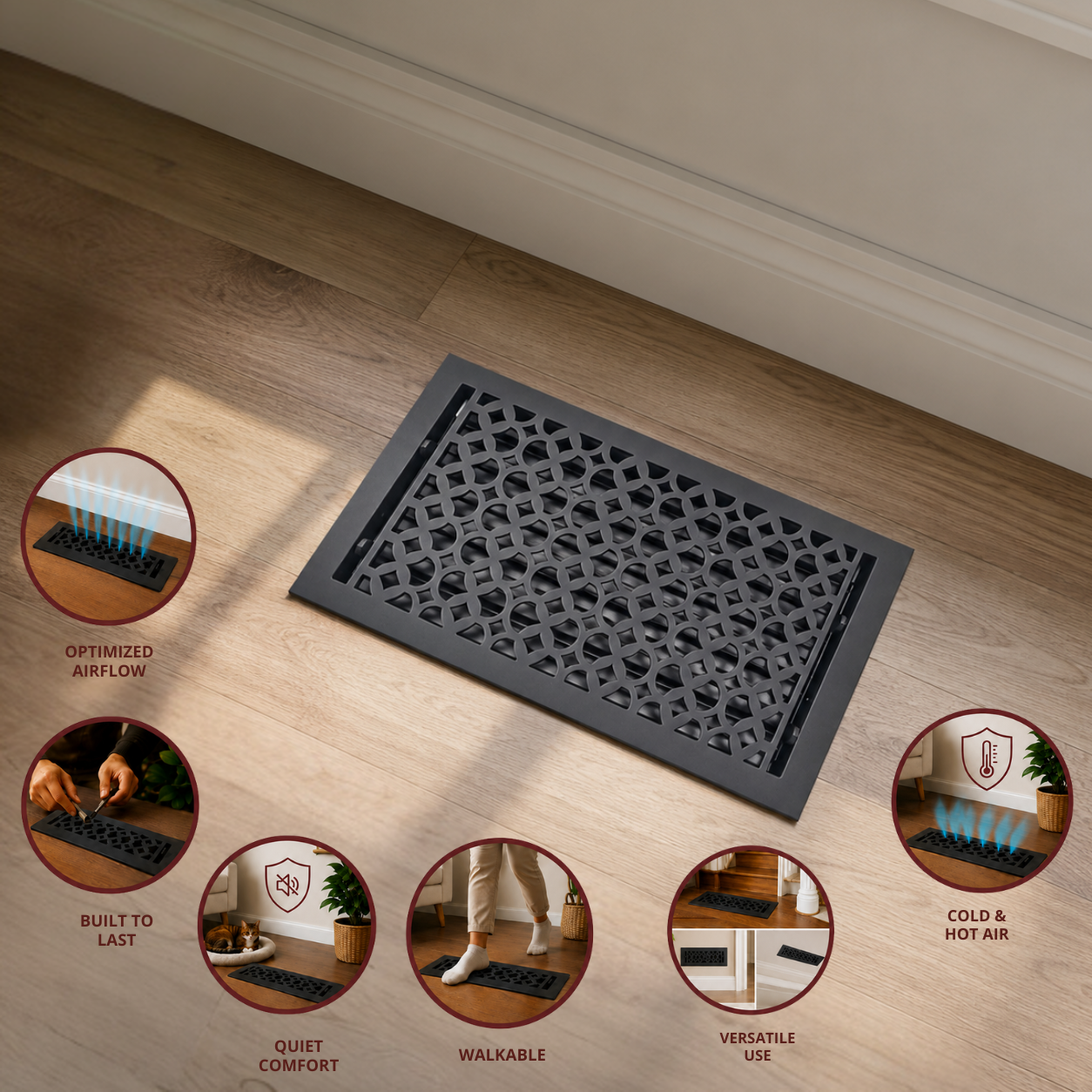 Cast Iron Floor Register 8" x 14” with Damper, Tudor Mushroom Design Vent Cover VR100