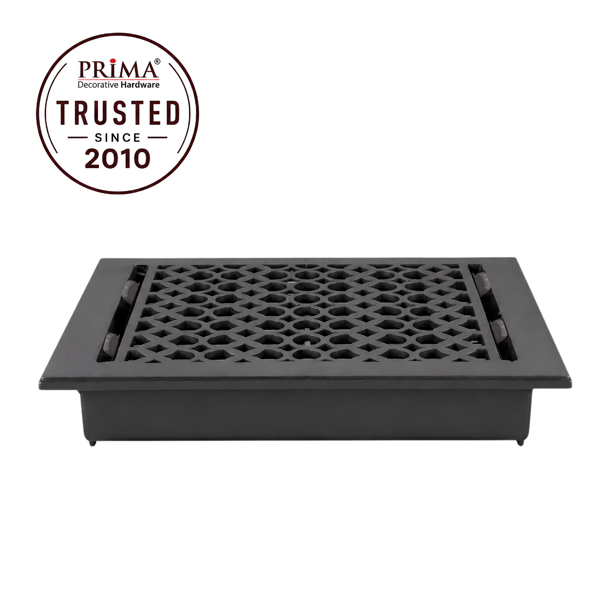 Black floor register with trust badge 