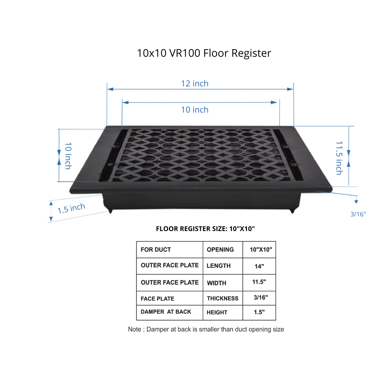 Cast Iron Floor Register 10" x 10” with Damper, Tudor Mushroom Design Vent Cover VR100