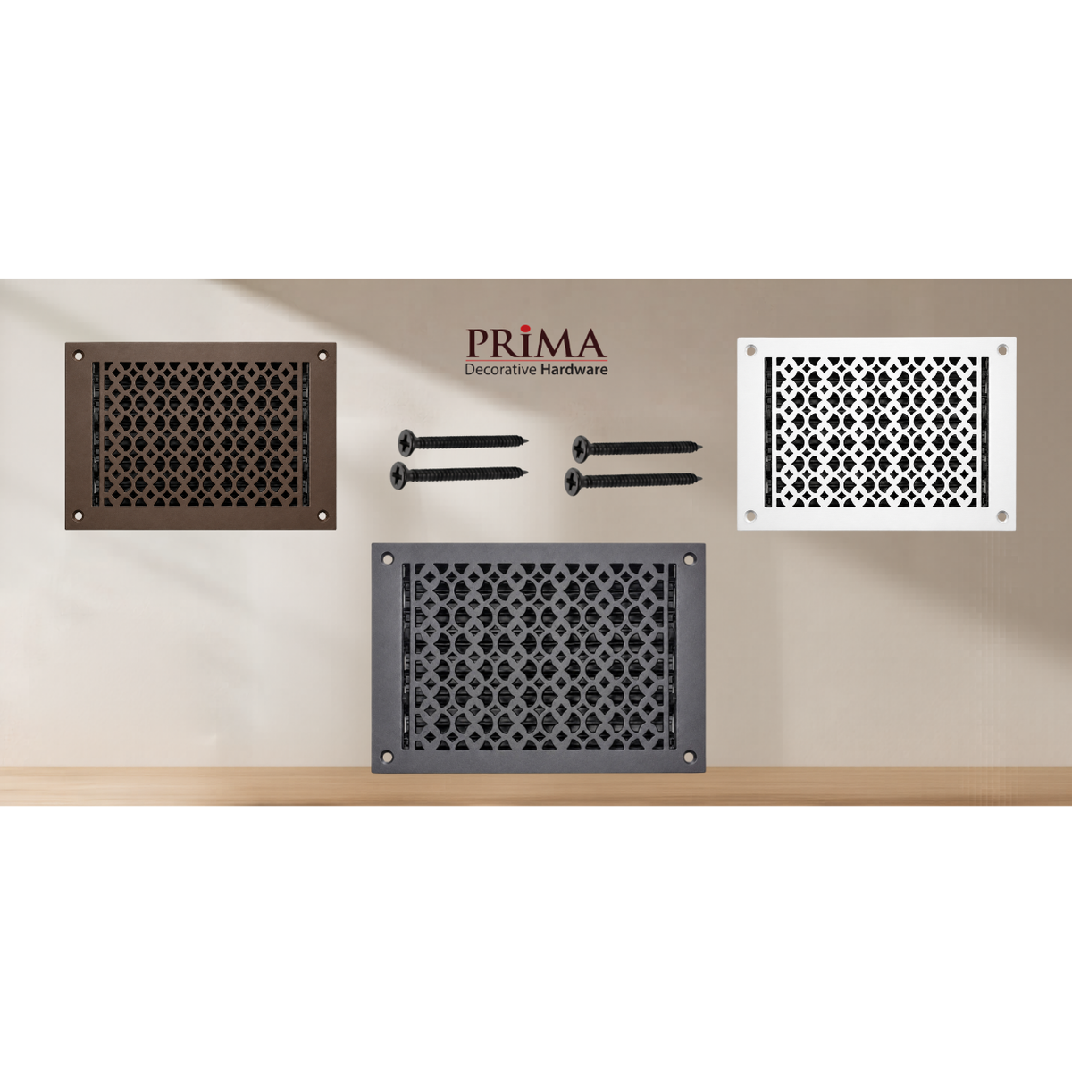 Combination of floor register with holes and screws
