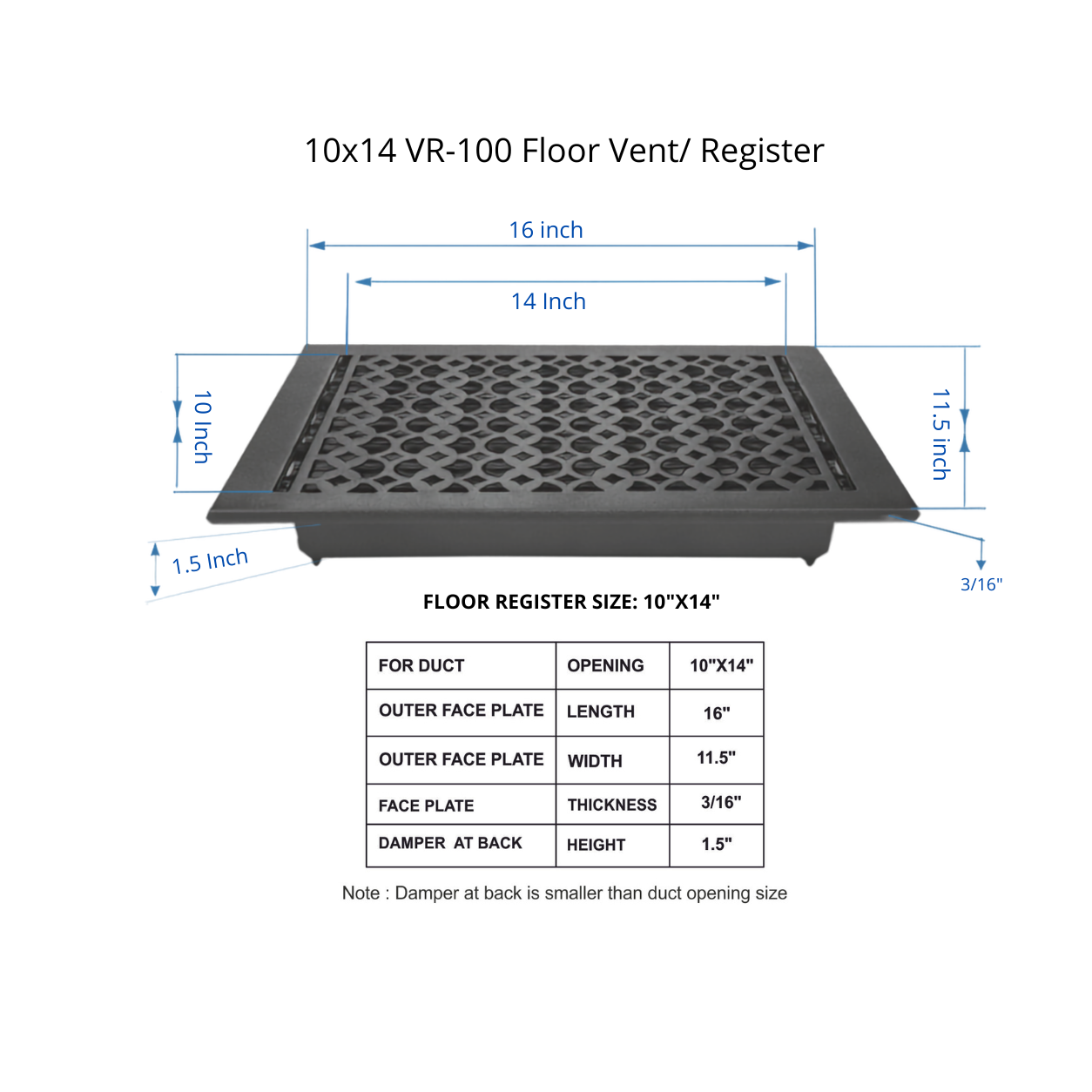 Size Guide of floor register with white background
