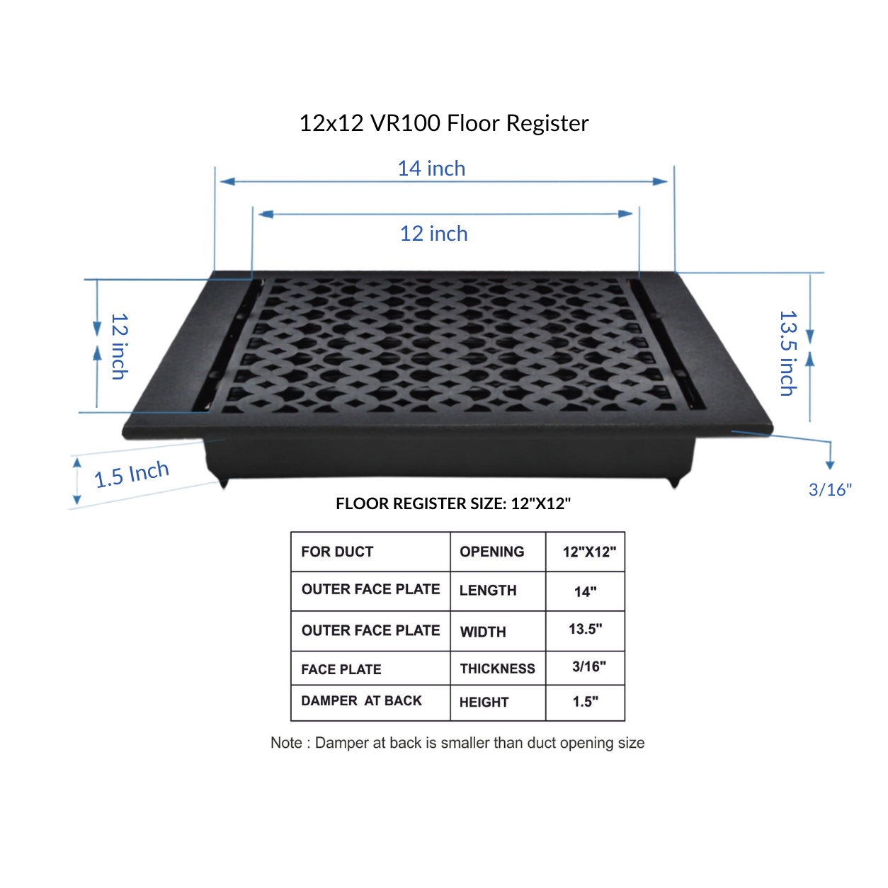 Size Guide of floor register in a white background 
