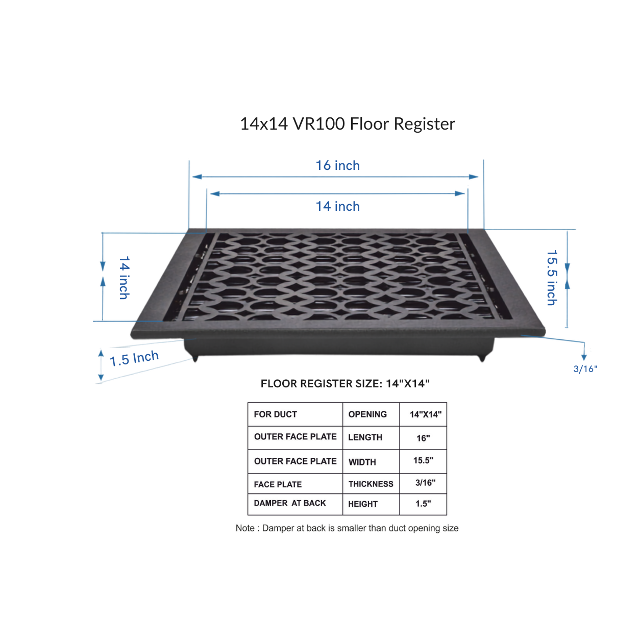 Size guide for floor register with white background