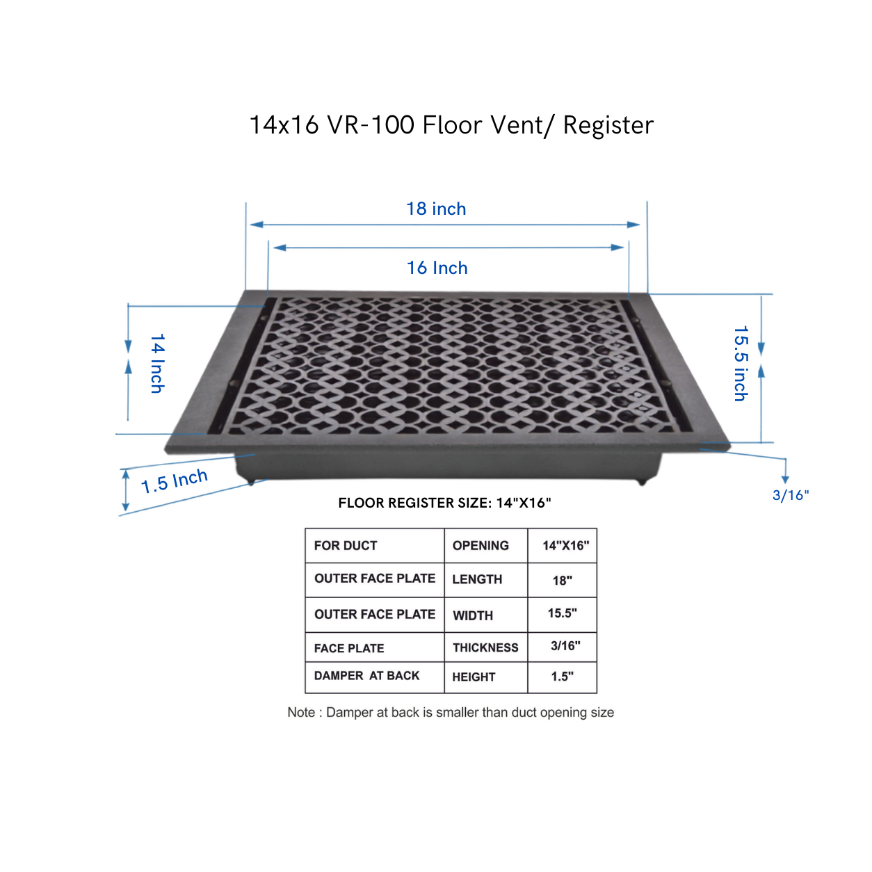 Size Guide for floor register with white background