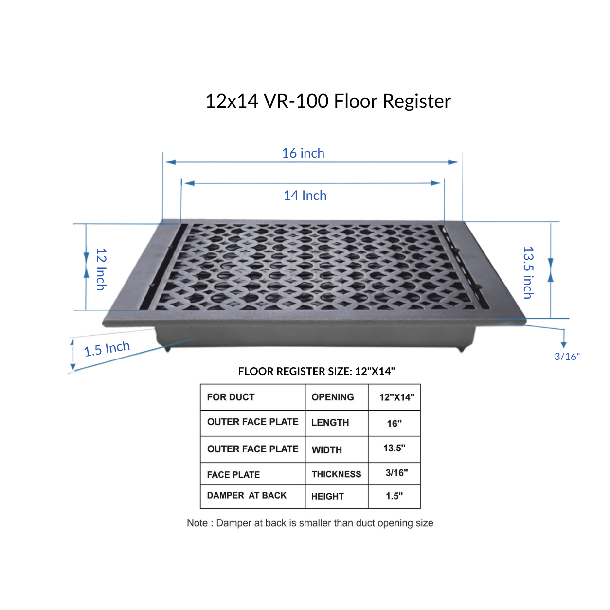 Size guide of floor register with white background