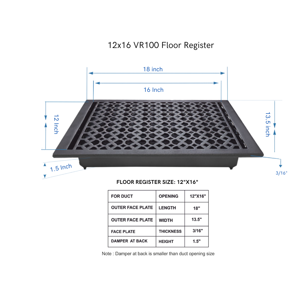 Size guide of floor register in a white background