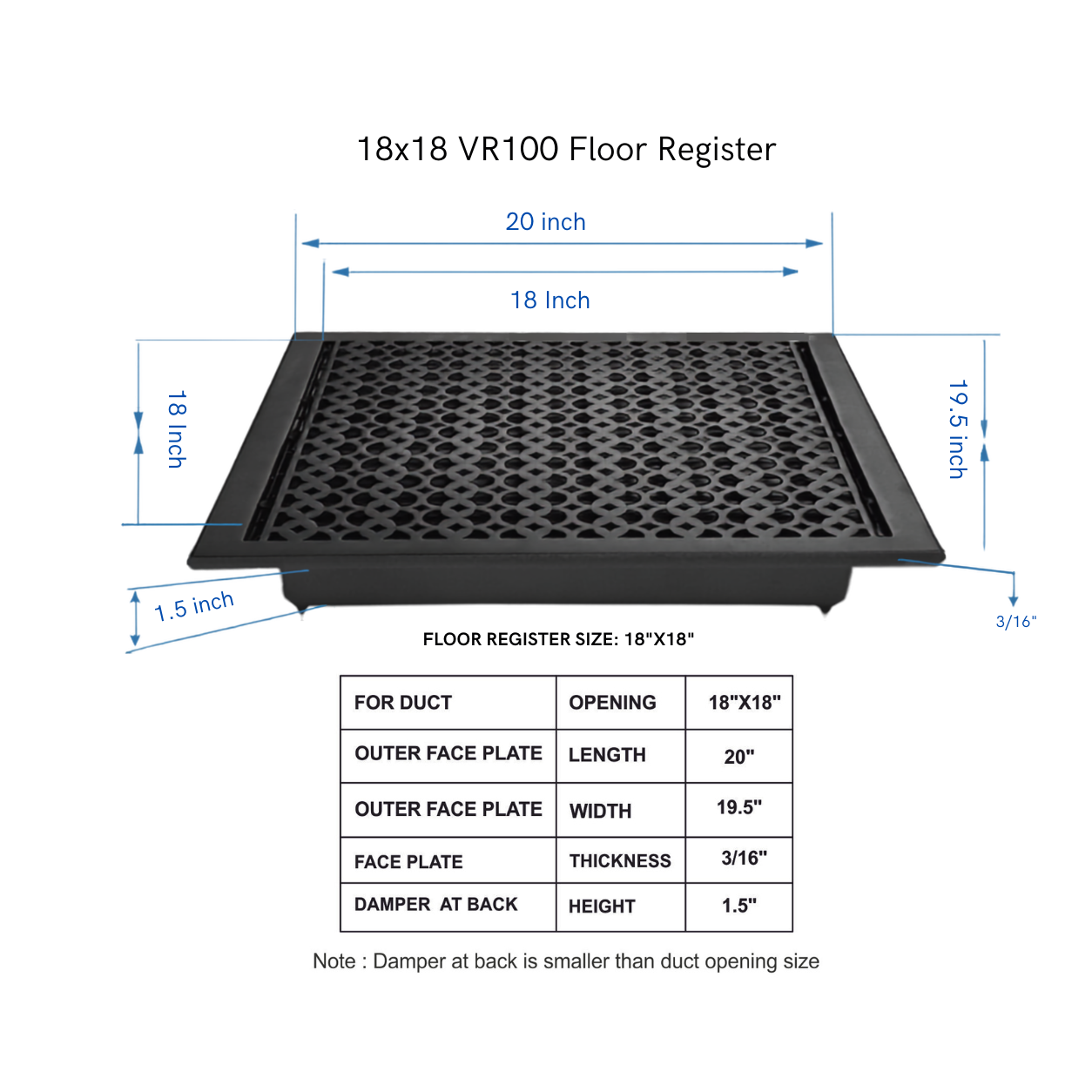 Size Guide for floor register in a white background