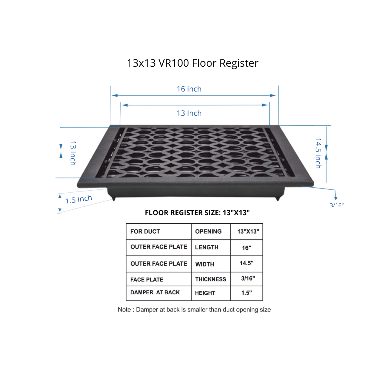 13" x 13" Floor Register Cast Aluminum with Damper, Tudor Mushroom Design Vent Cover VR100