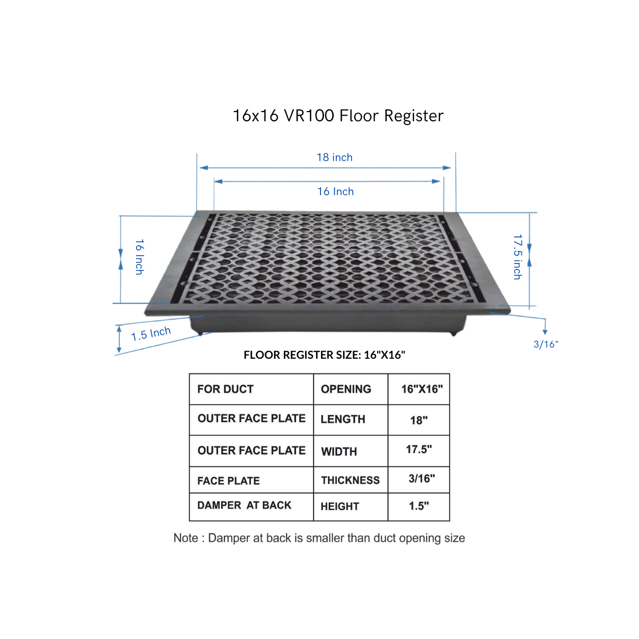 Size Guide for floor register with white background