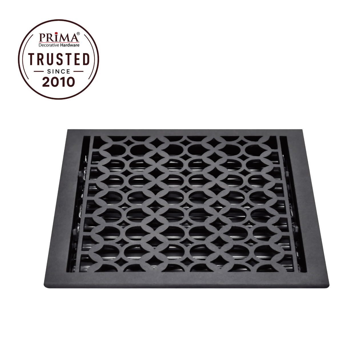 Black floor register with trust badge 
