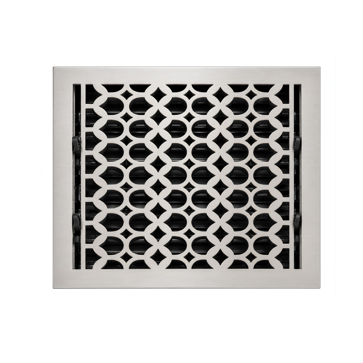 Satin nickel color of floor register in a white background
