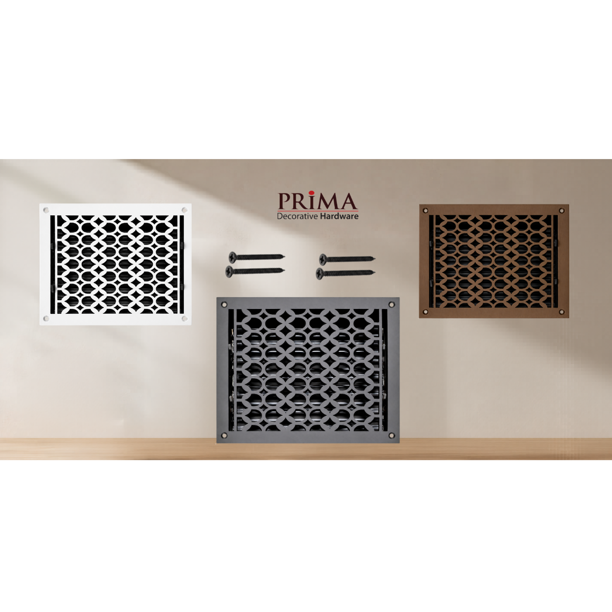 Combination of floor register with holes and screws
