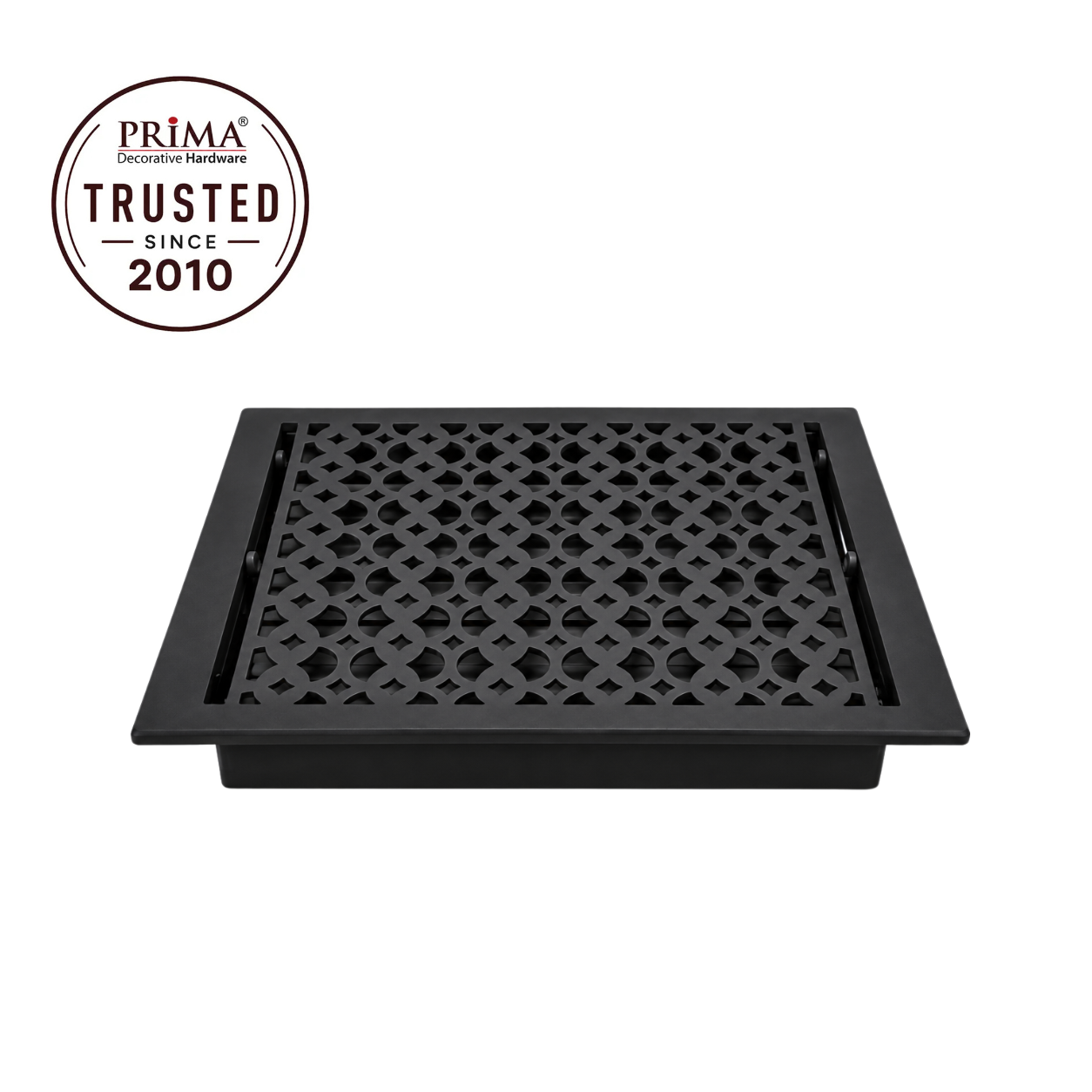Black floor register with trust badge 
