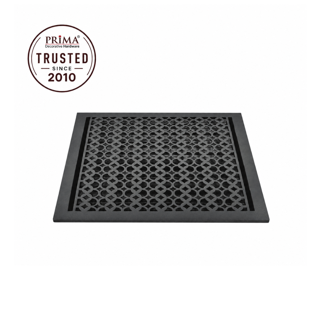 Black floor register with trust badge 
