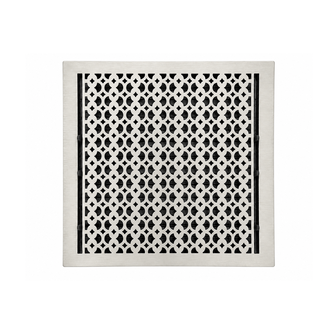 Satin nickel color of floor register in a white background
