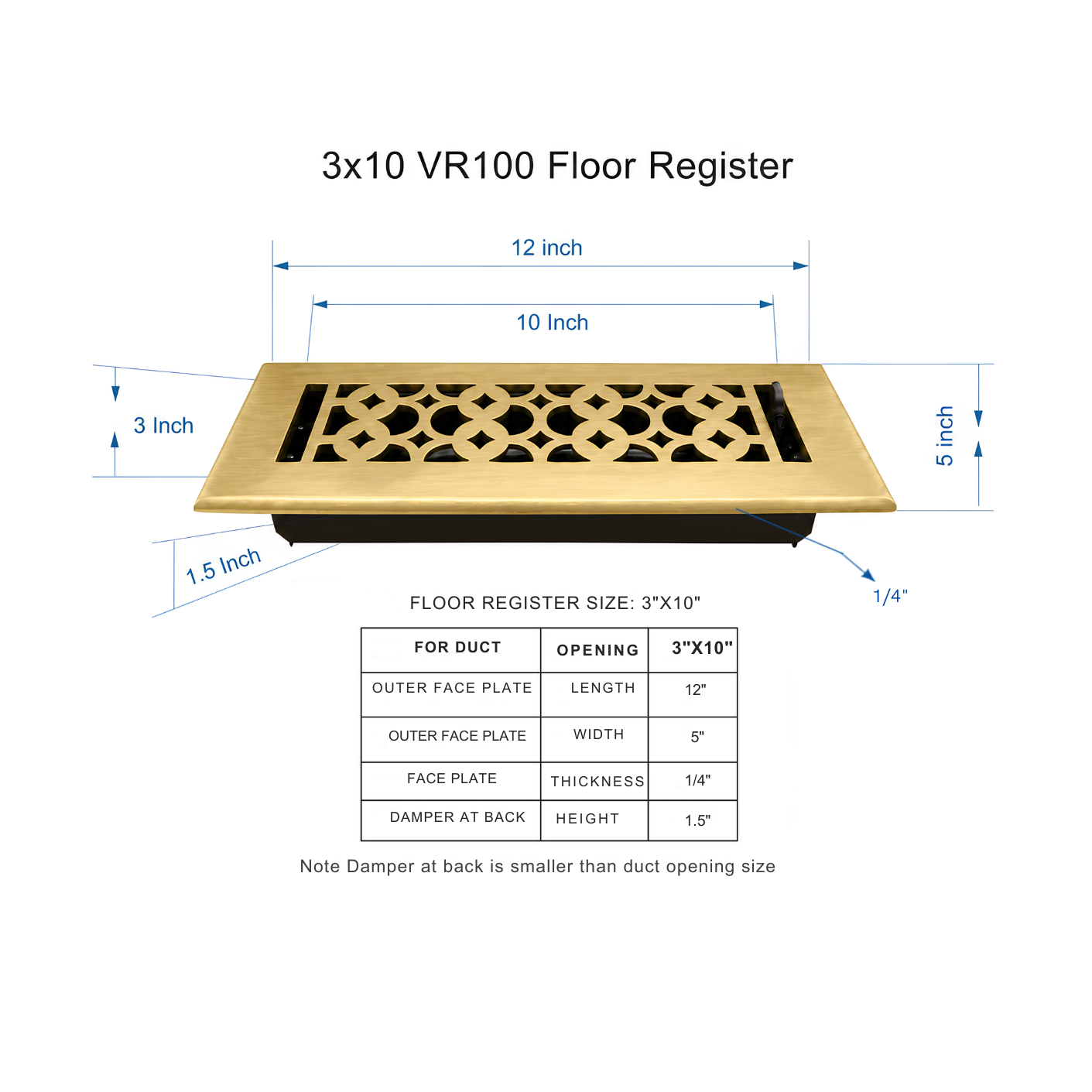 3" x 10" Cast Aluminum Floor Register with Damper | Tudor Mushroom VR100 Brushed Gold