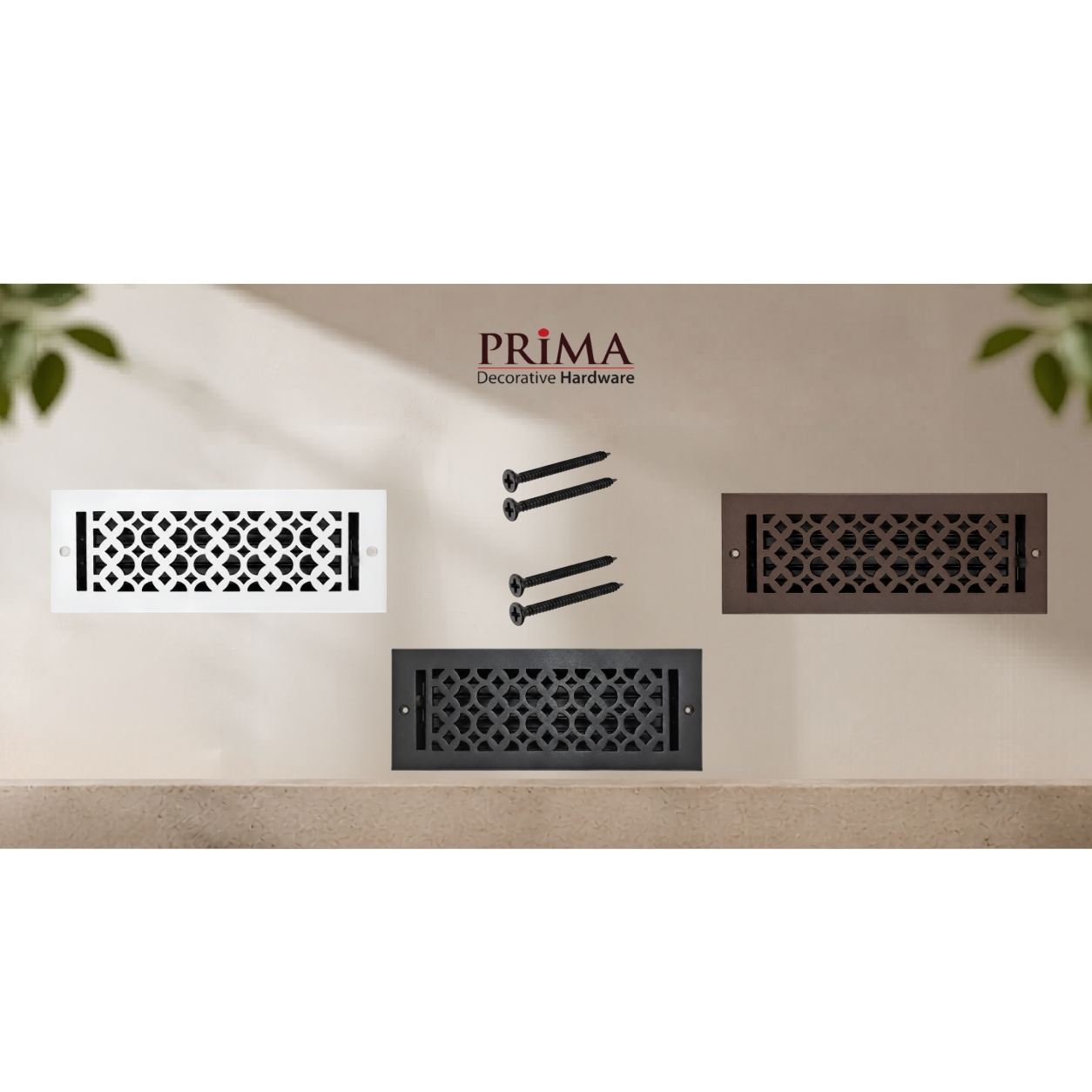 Combination of floor register with holes and screws
