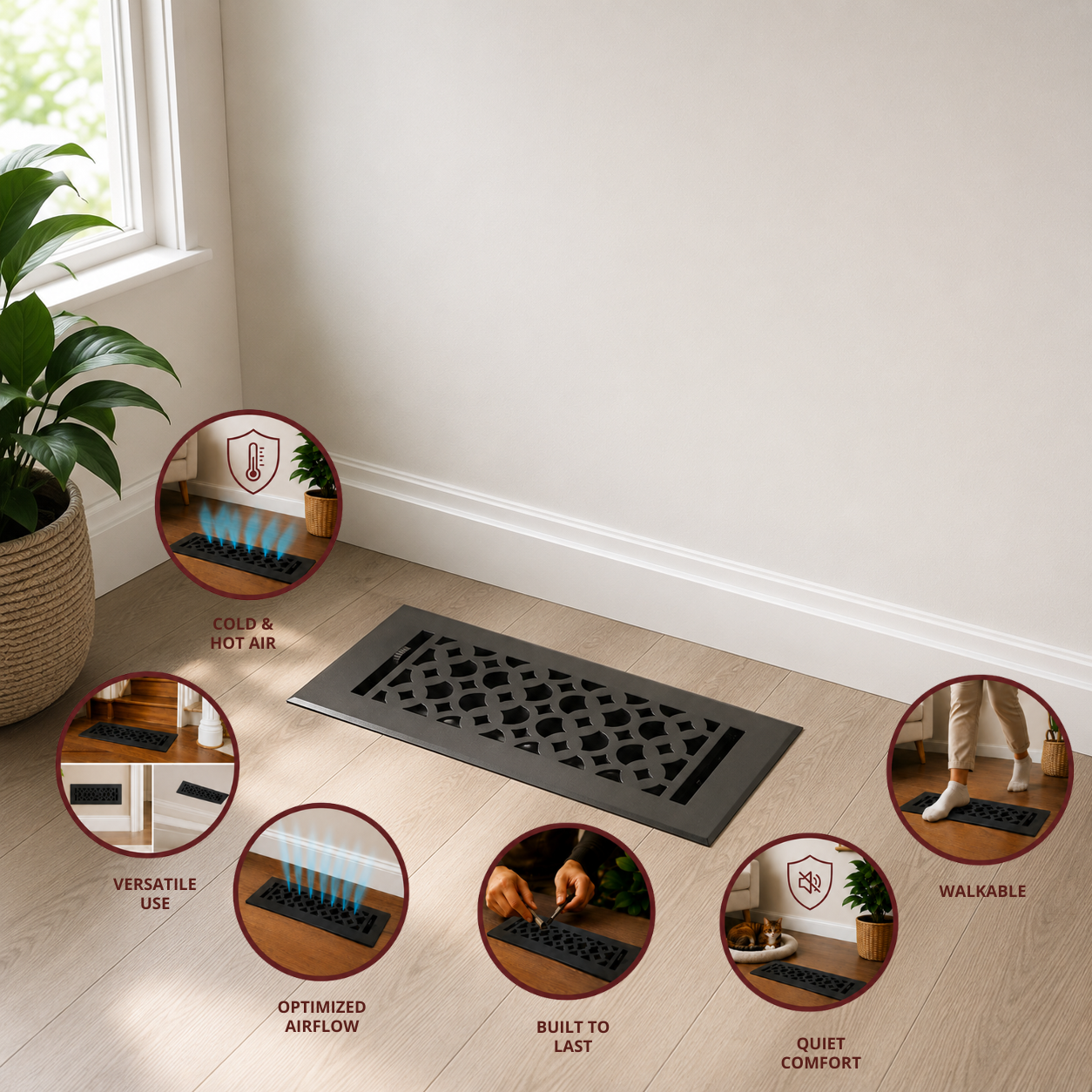 Cast Iron Floor Register 4" x 10” with Damper, Tudor Mushroom Design Vent Cover VR100