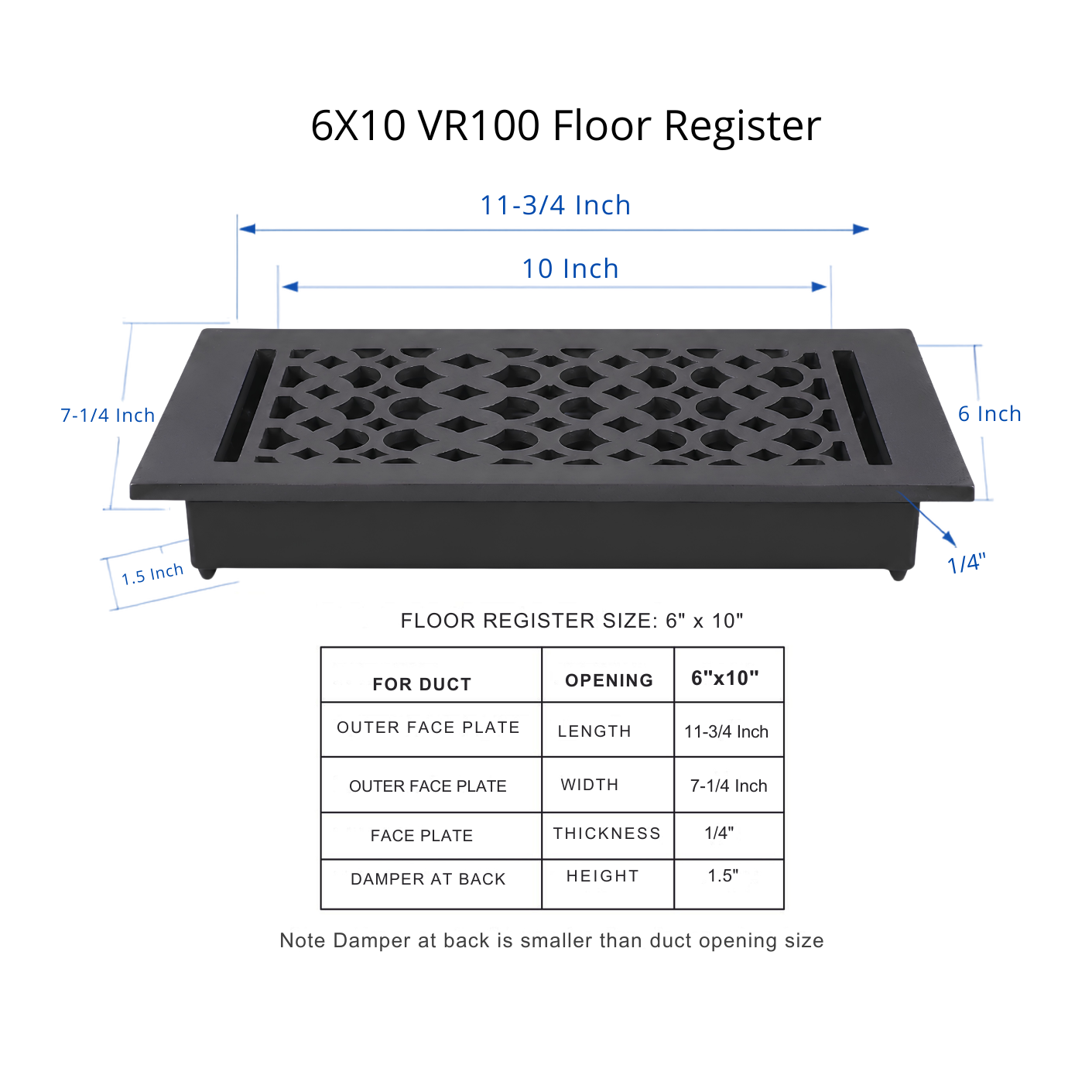 Cast Iron Floor Register 6" x 10” with Damper, Tudor Mushroom Design Vent Cover VR100