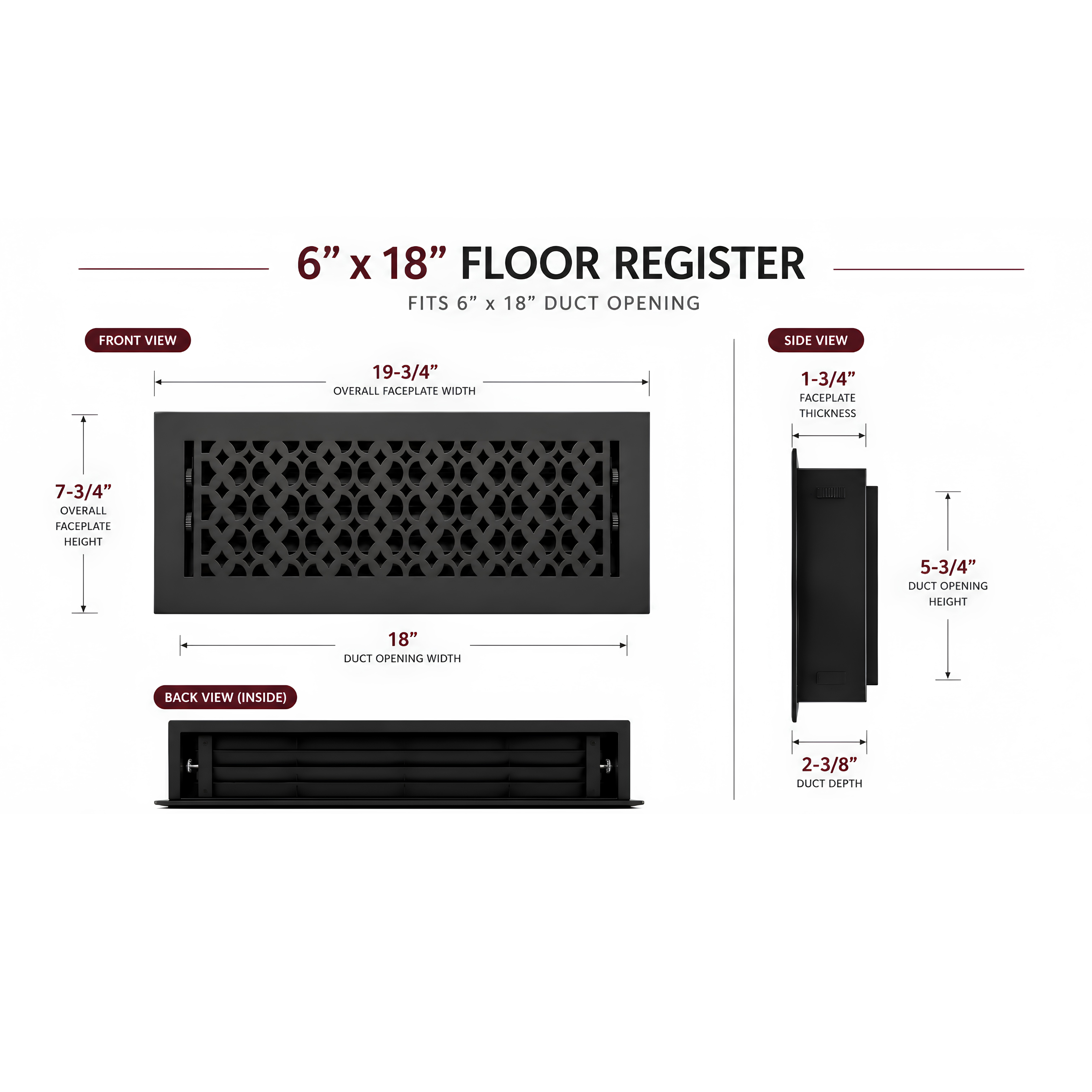 Floor register with dimensions and specifications on a white background