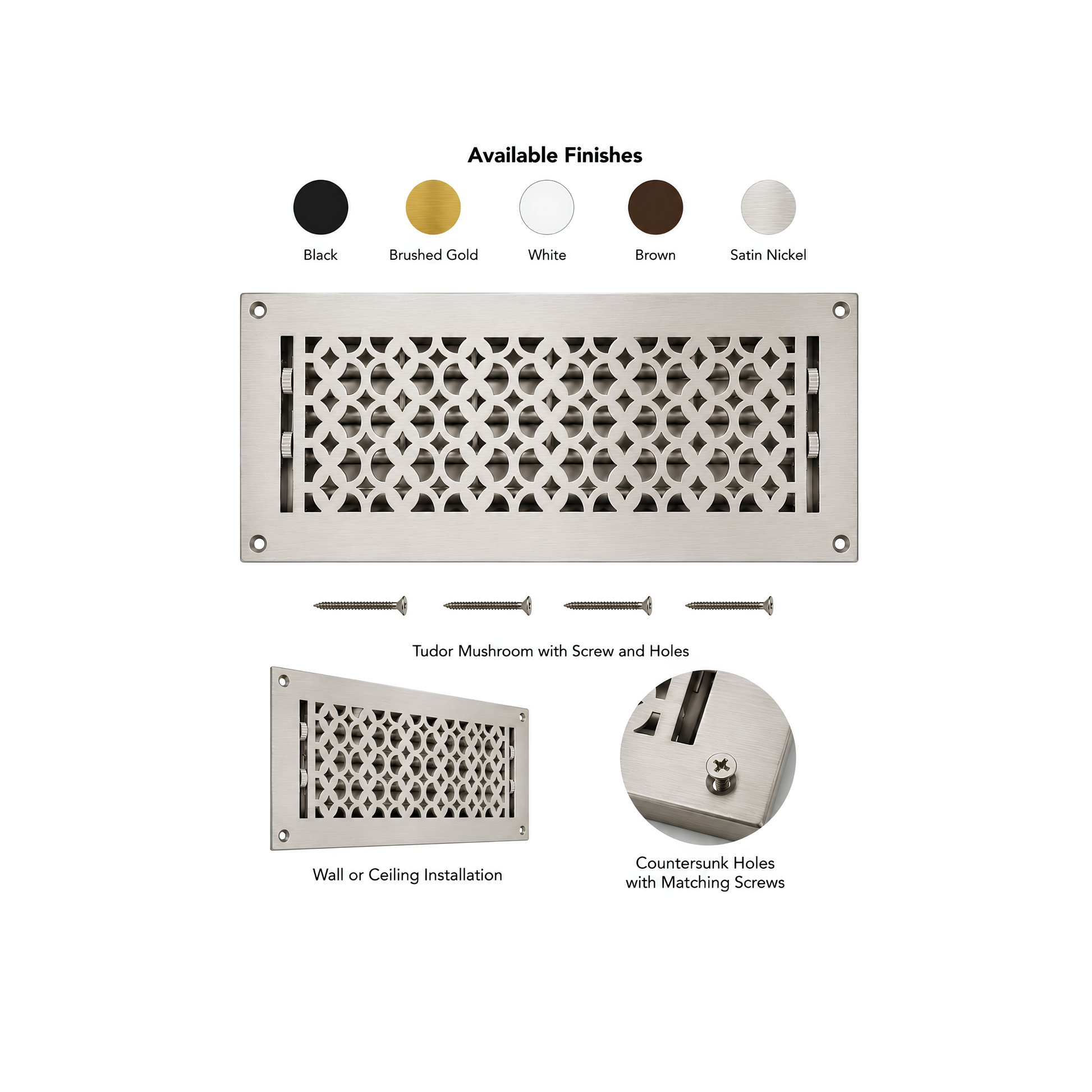 Ventilation grille with color options and installation details on a white background
