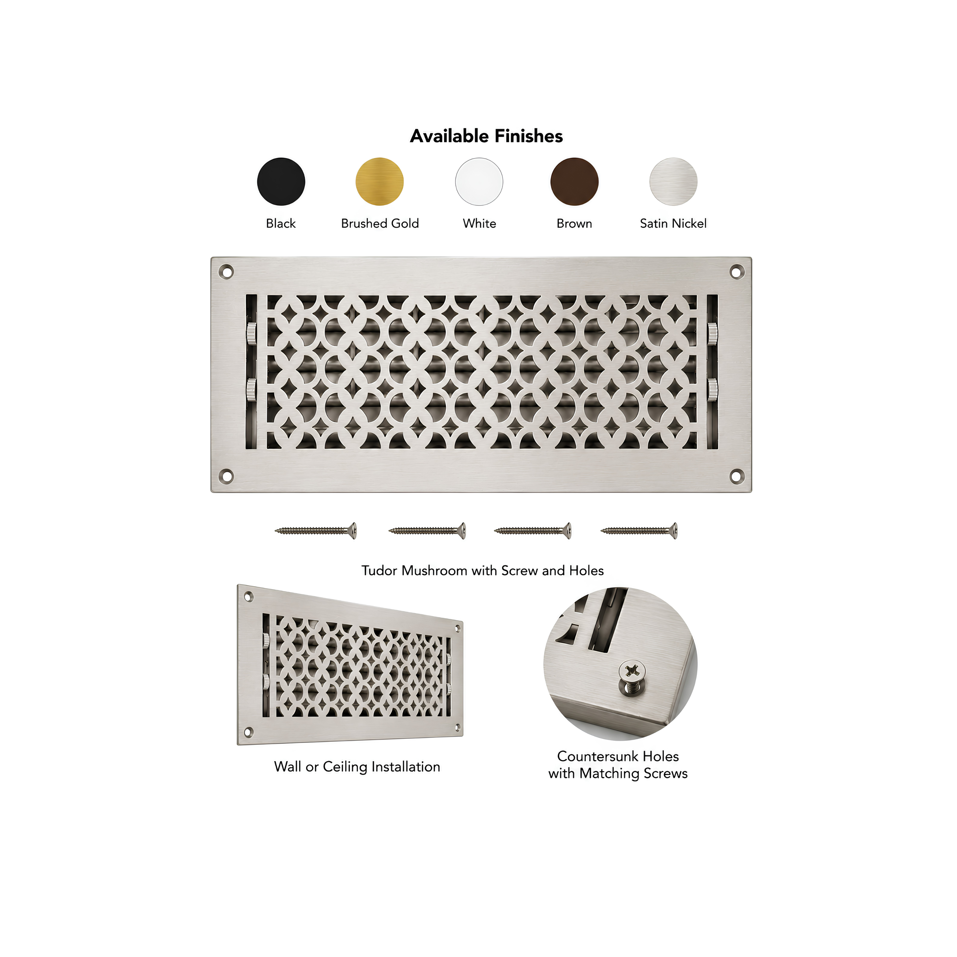 Ventilation grille with color options and installation details on a white background
