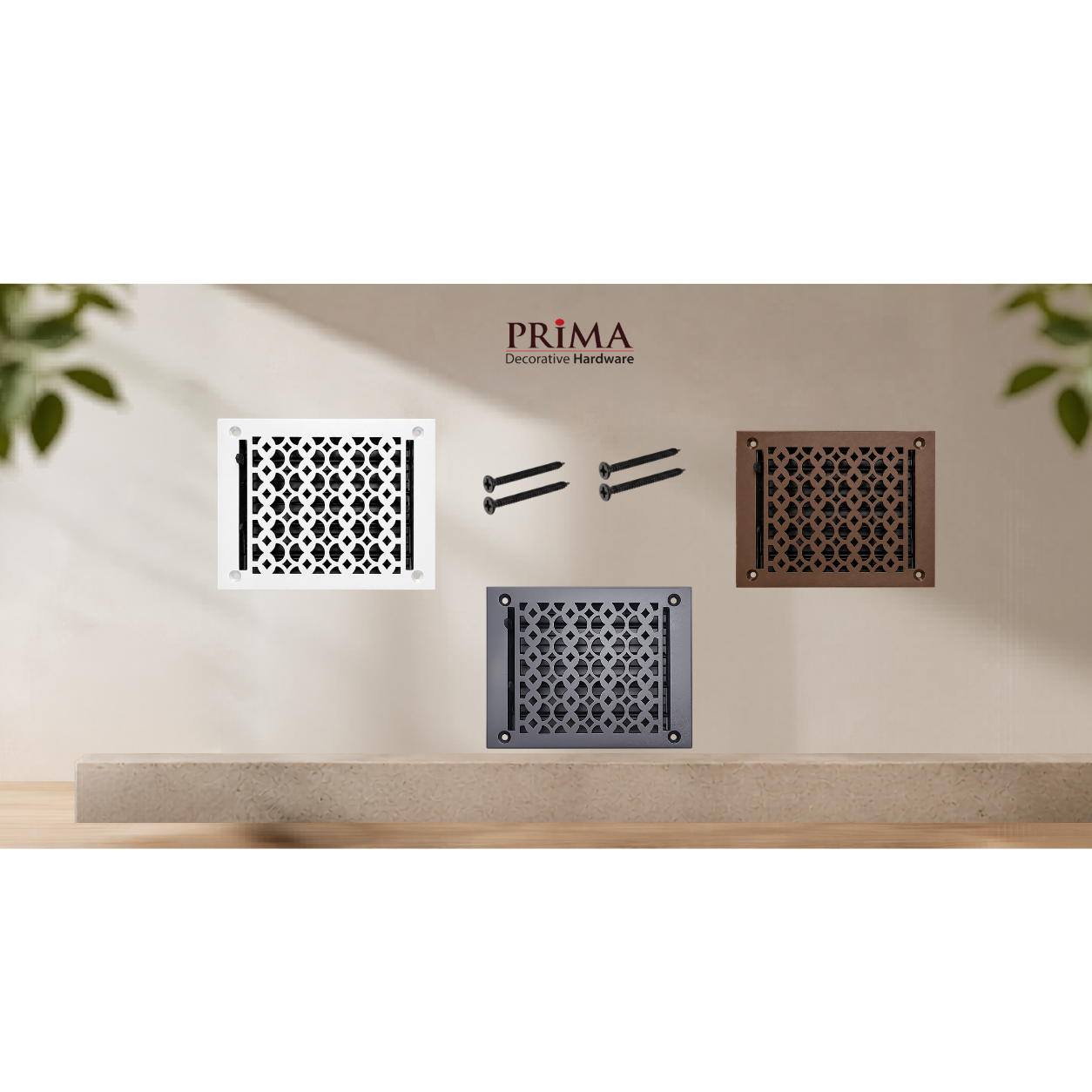 Combination of floor register with holes and screws
