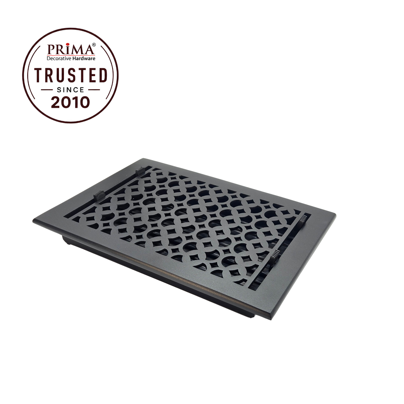 Sideview of floor register with trust badge 
