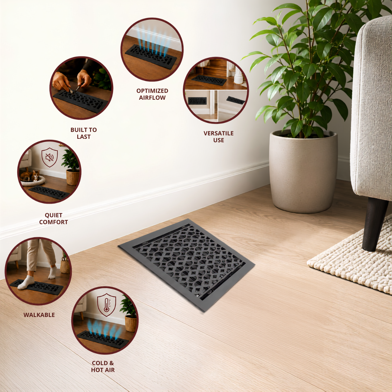 Cast Iron Floor Register 8" x 12” with Damper, Tudor Mushroom Design Vent Cover VR100