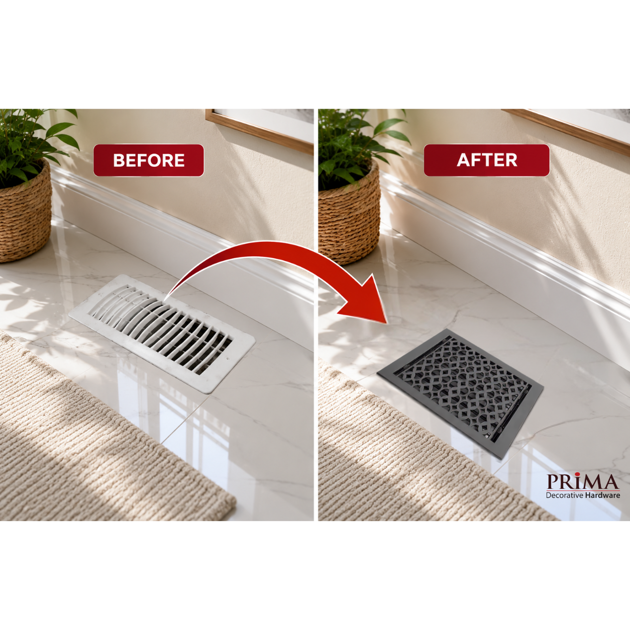 Before and after of floor register installed in a home