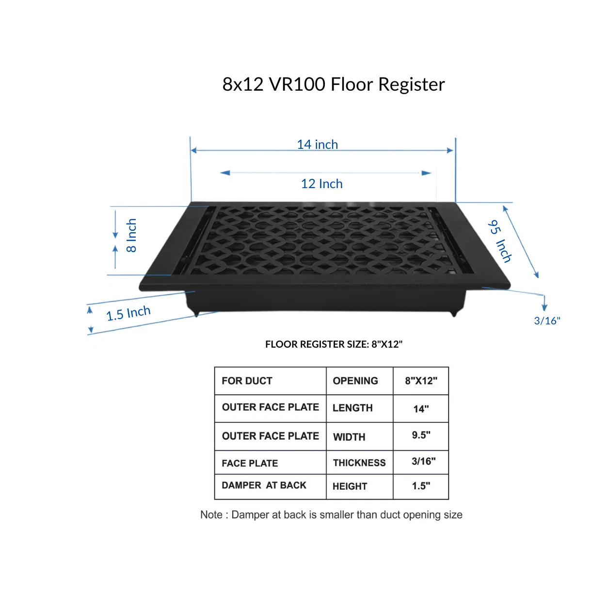 Cast Iron Floor Register 8" x 12” with Damper, Tudor Mushroom Design Vent Cover VR100