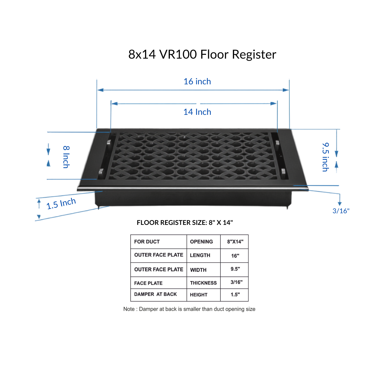 Cast Iron Floor Register 8" x 14” with Damper, Tudor Mushroom Design Vent Cover VR100