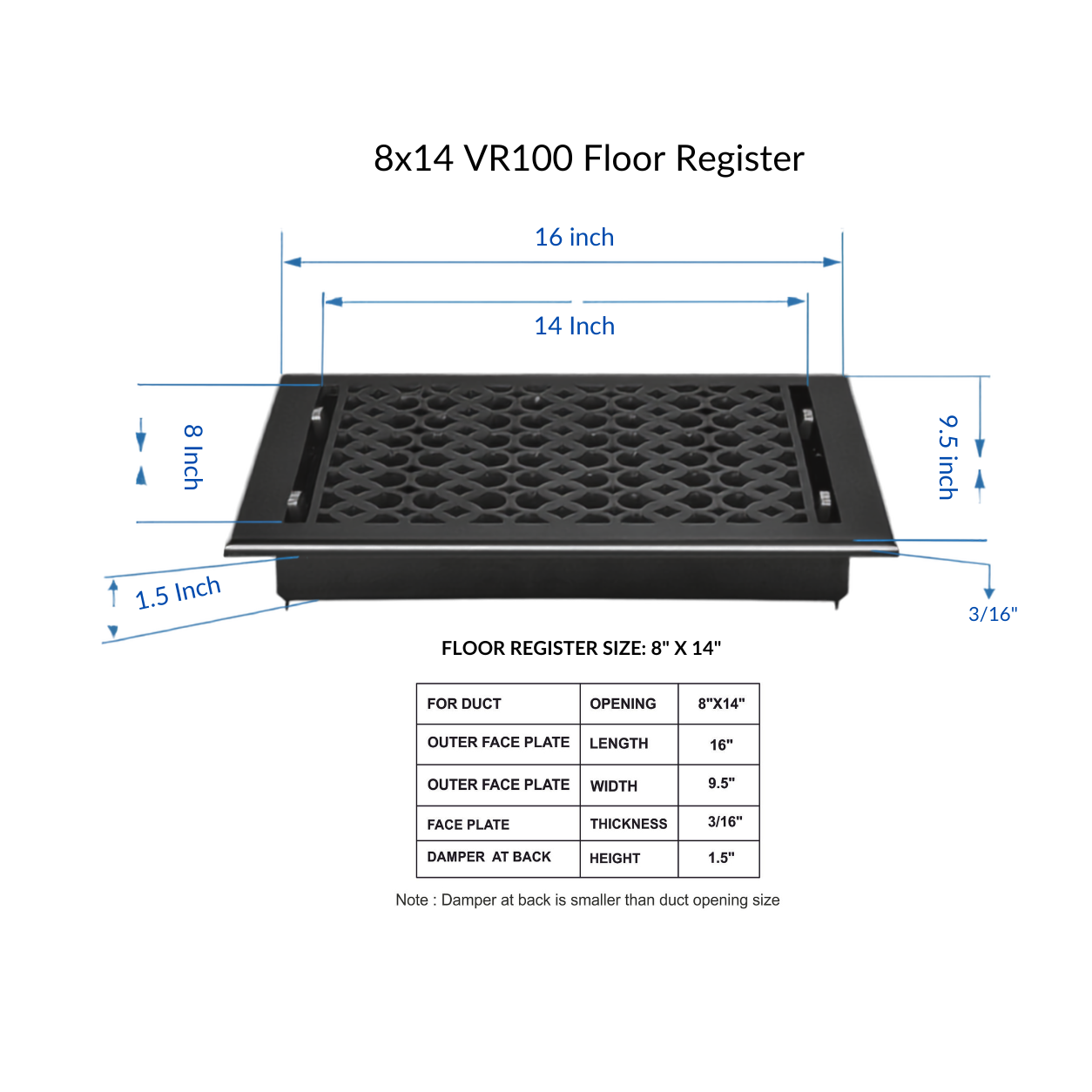 Dimensions for 8x14 VR100 with white background