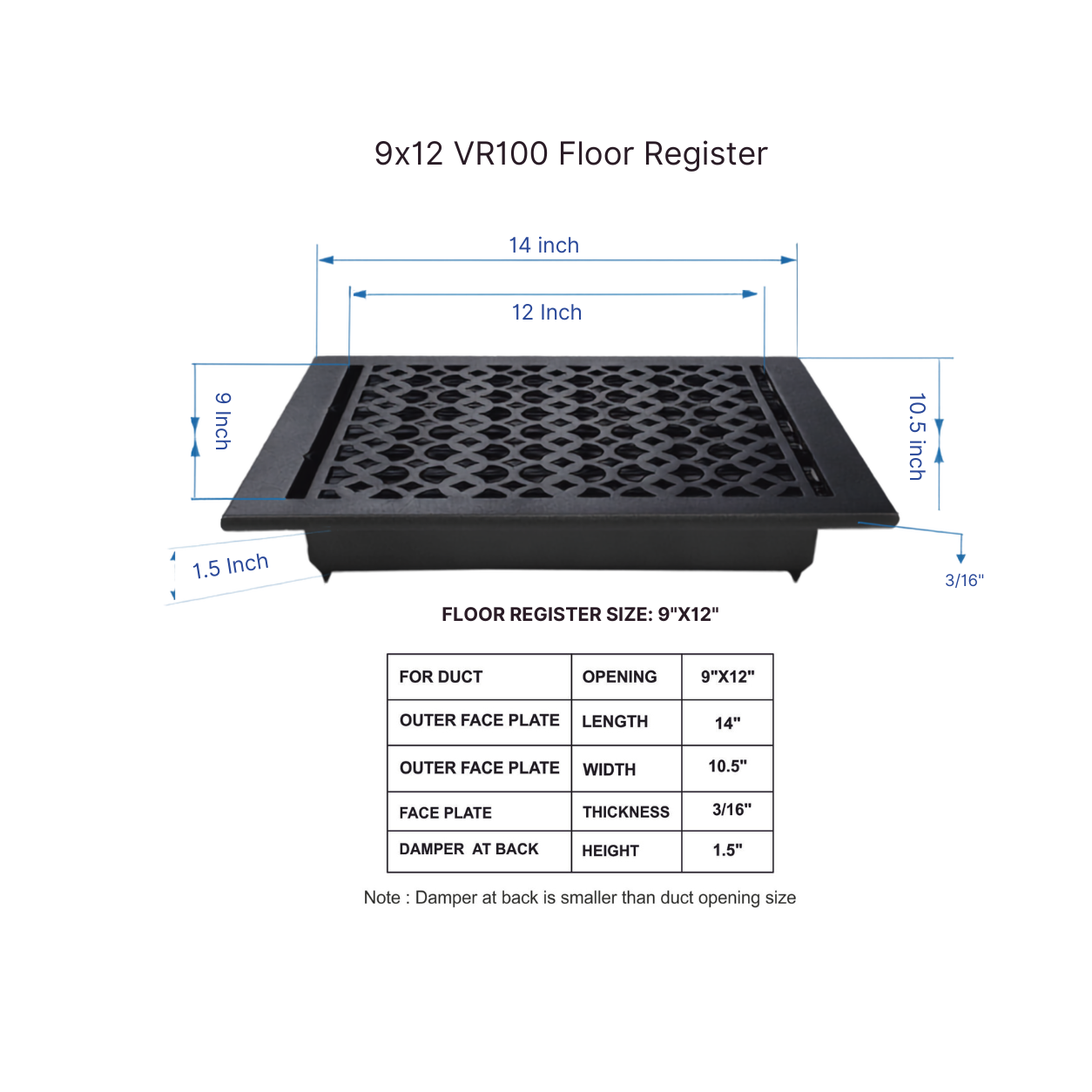 Size Guide for 9x12 floor register with white background
