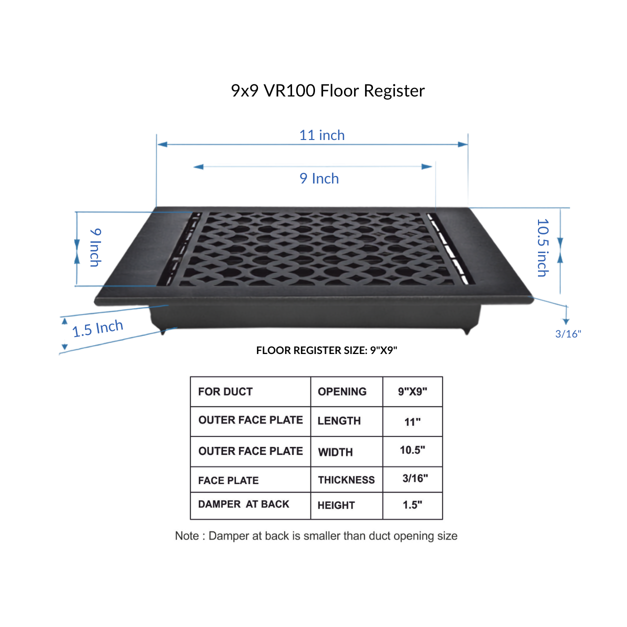 Cast Iron Floor Register 9" x 9” with Damper, Tudor Mushroom Design Vent Cover VR100