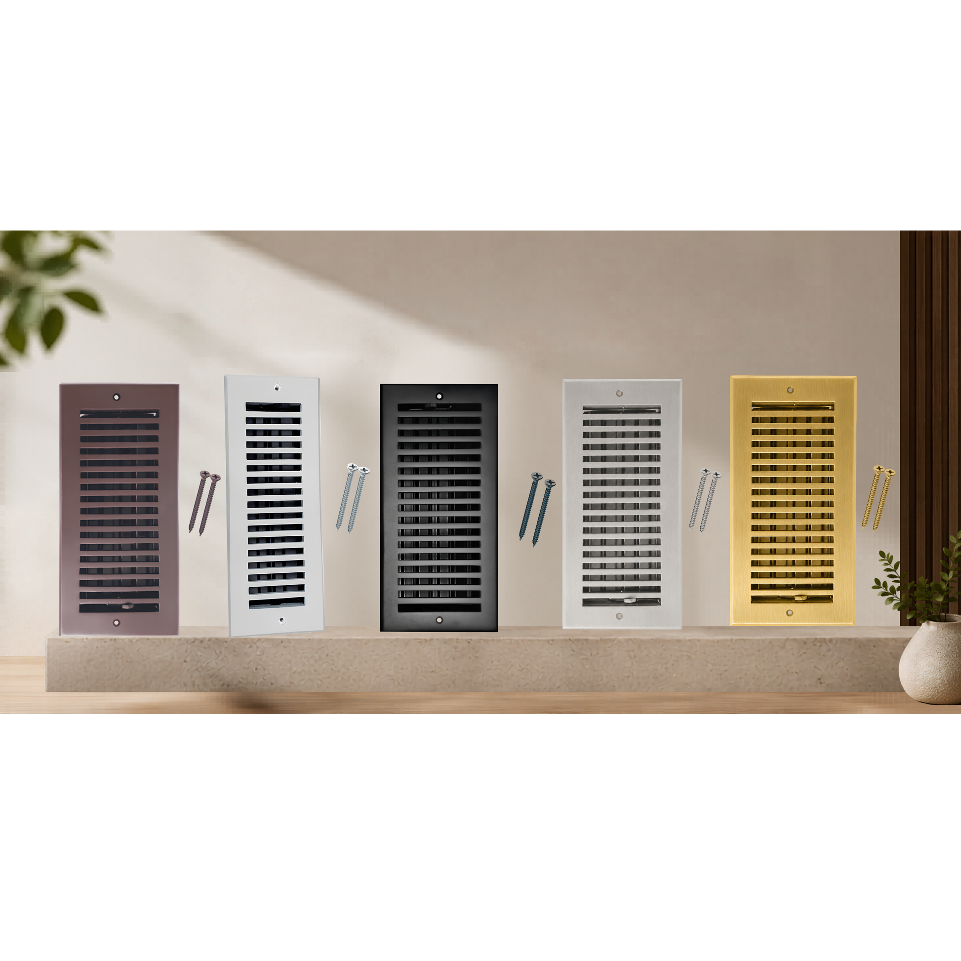 Five different styles of air vents on a beige wall with a wooden shelf below.