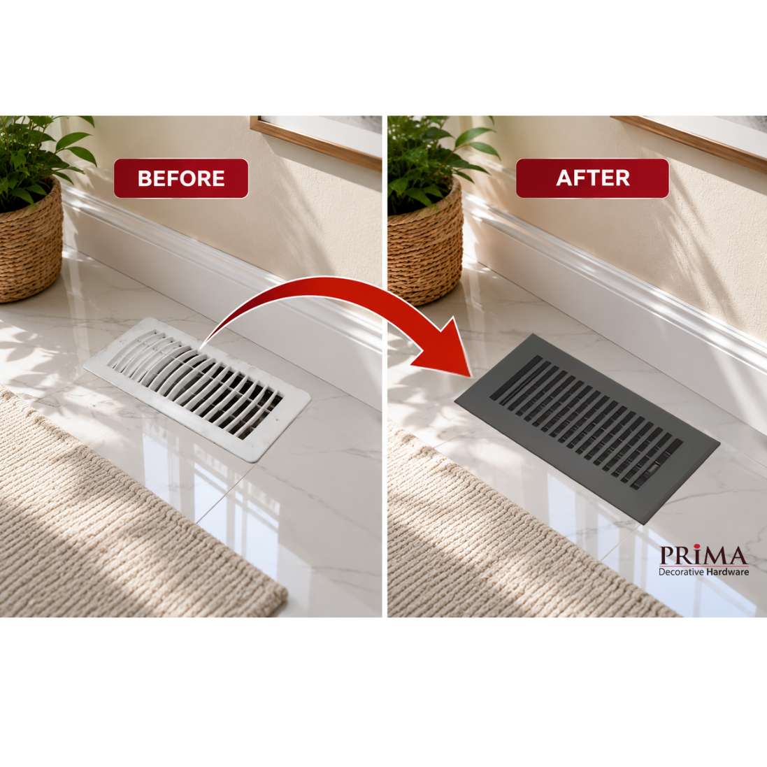 Before and after comparison of a floor vent cover with Prima logo.