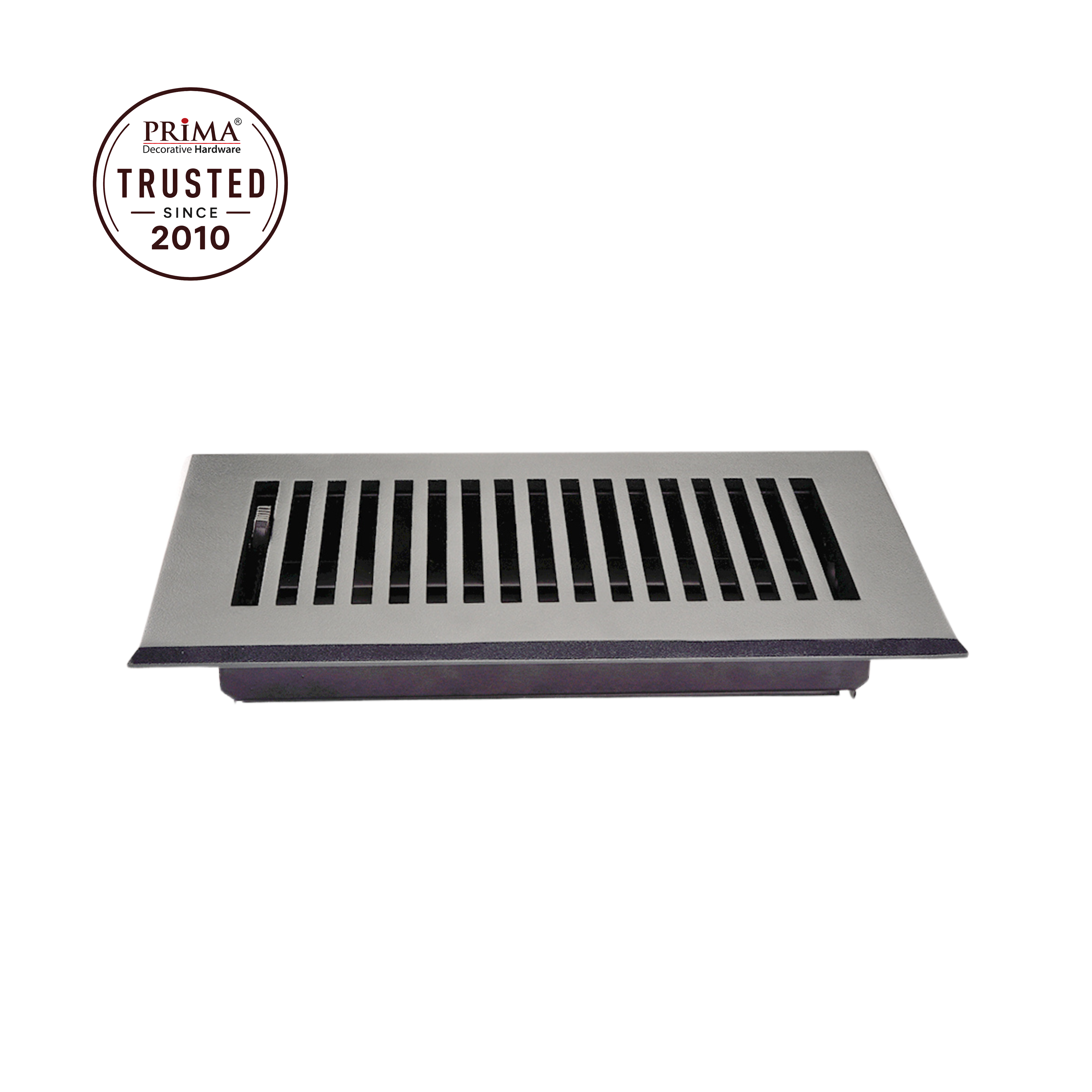 Metal floor vent with Prima Trust logo on a white background