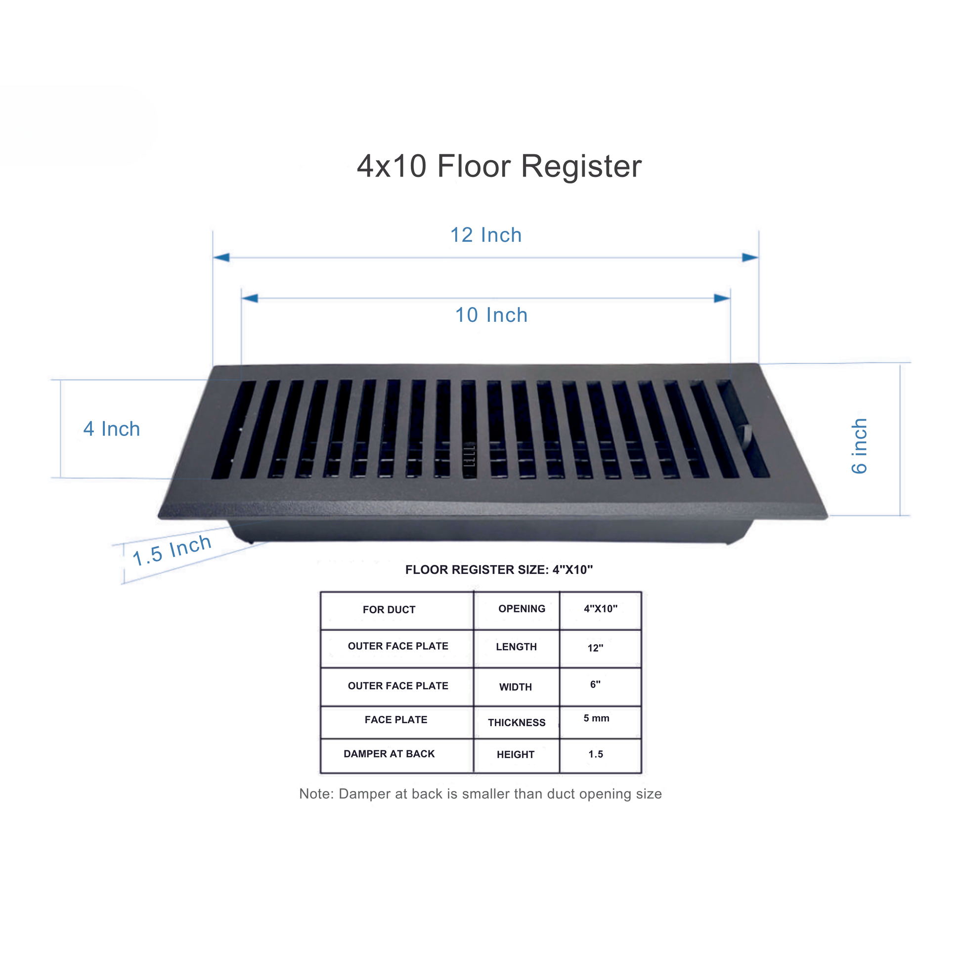 4x10 floor register with dimensions and specifications on a white background